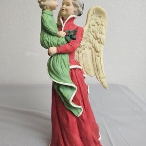Vintage Holiday Grandmother Angel Figurine with Grandchild in Red and Green
